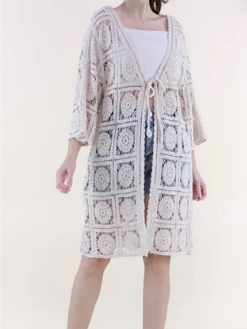 Solitaire Cream Crochet Openwork Knee-Length Cardigan with Tie
